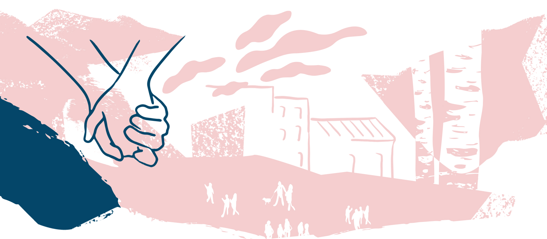 Etusivun sliderkuva, jossa kädet maisema ja koivuja